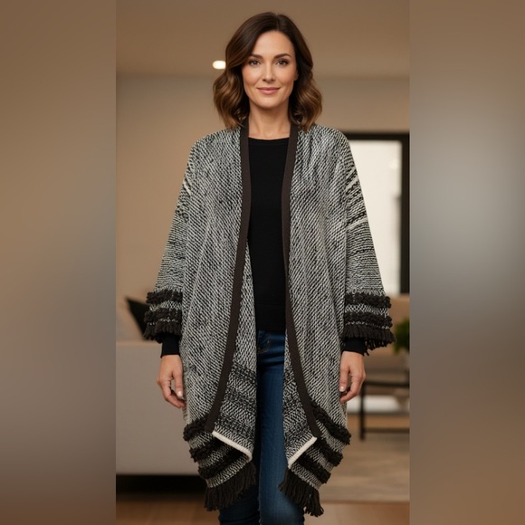 TONLE Anthro Boho Oversized Gray Black Recycled Fabric Open Cardigan Sweater OS - Picture 1 of 10
